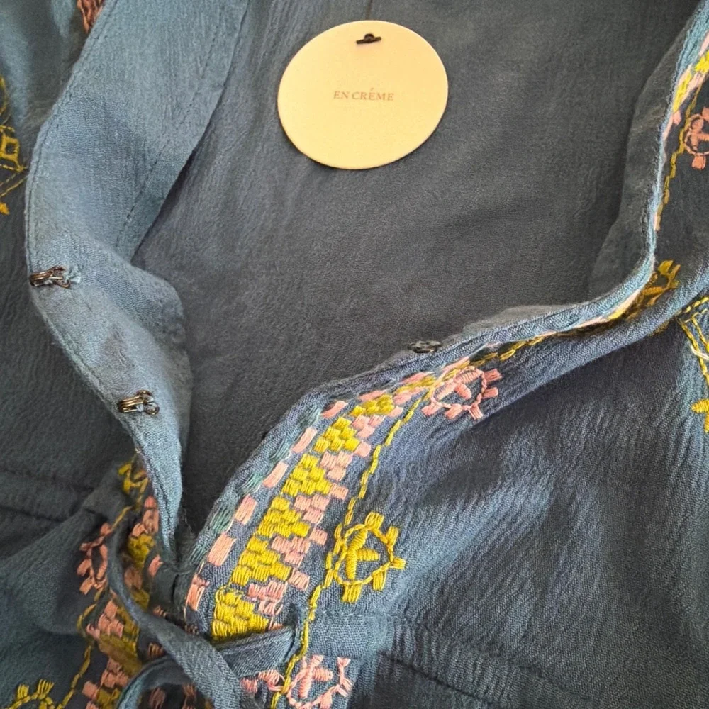 En Creme Womens Slate Blue Embroidered Babydoll Tunic Top Boho Rayon ED13940BL L